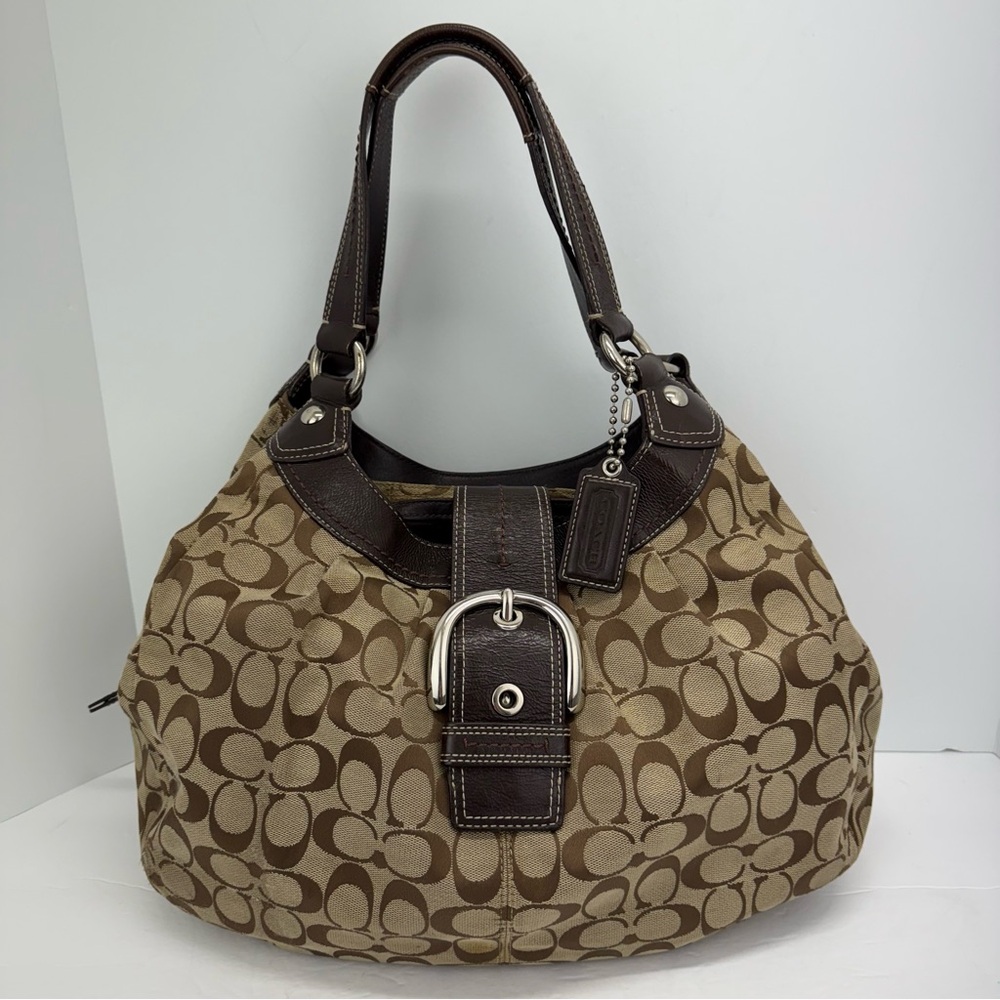 Coach Brown Beige Signature Logo Canvas/Leather Hobo Shoulder Bag Handbag